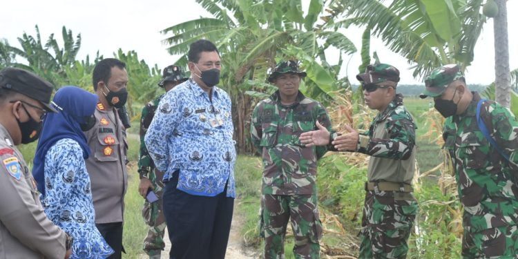 Teks foto: Camat Karanganyar, Sugianto, S.Ip, MM saat mendampingi Dandim 0716/Demak, Letkol Czi Setya Pratomo saat meninjau pelaksanaan karya bakti. (Doc).