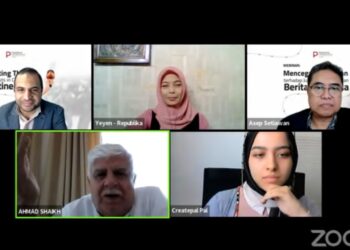 Teks foto: Webinar internasional dengan tema "Mencegah ancaman terhadap jurnalis dalam liputan berita Palestina", Selasa (14 Juni 2022). (Foto: Istimewa)