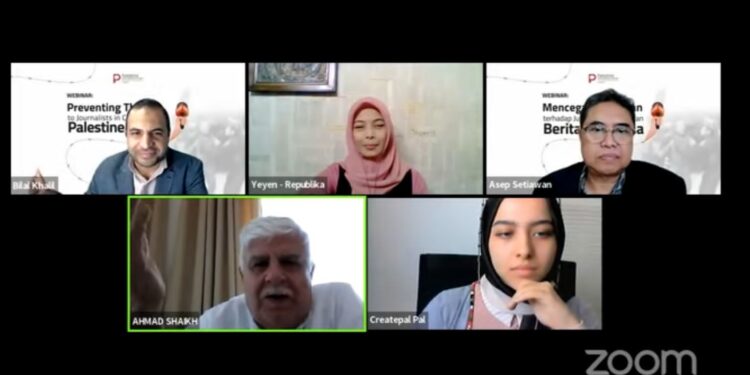 Teks foto: Webinar internasional dengan tema "Mencegah ancaman terhadap jurnalis dalam liputan berita Palestina", Selasa (14 Juni 2022). (Foto: Istimewa)