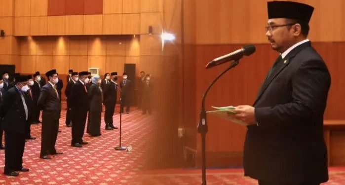 Menag Yaqut Cholil Qoumas  melantik 32 pejabat Pimpinan Tinggi Pratama Kementerian Agama. Acara pelantikan berlangsung di gedung HM Rasjidi Kantor Kementerian Agama Jln MH Thamrin, Jakarta. Rabu (4/10/2022)./dok.photo kemenag