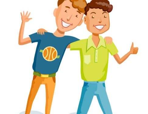 Hugs of male joyful flat style friends. Cartoon people together and lifestyle adults. Characters and couple young friendly men. They are dressed in trousers and shirt. Different types of appearance