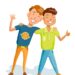 Hugs of male joyful flat style friends. Cartoon people together and lifestyle adults. Characters and couple young friendly men. They are dressed in trousers and shirt. Different types of appearance