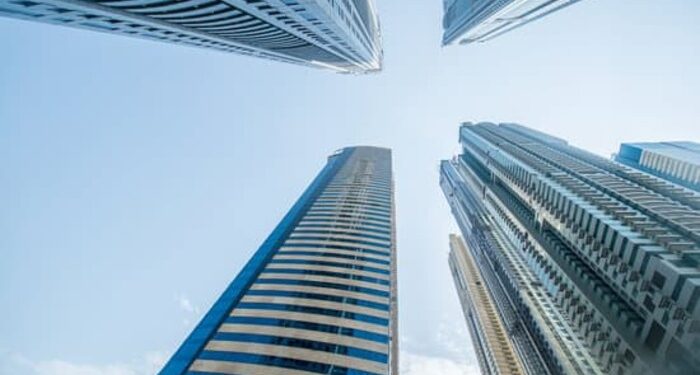 Tall Dubai Marina skyscrapers in UAE